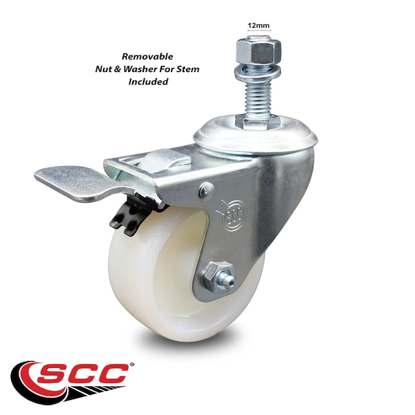 3 Inch Nylon Wheel Swivel 12mm Threaded Stem Caster Total Lock Brake SCC